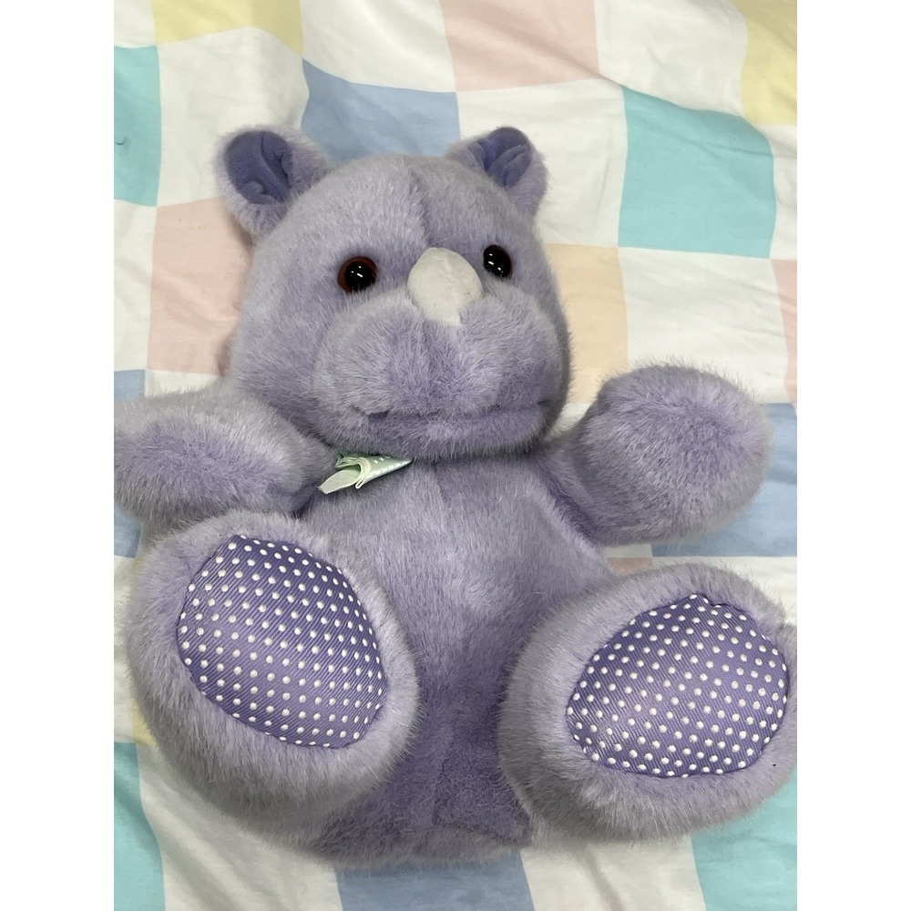 Vintage Dakin 1993 Baby Things 11" Rhino Purple W Rattle Plush Lovey Toy